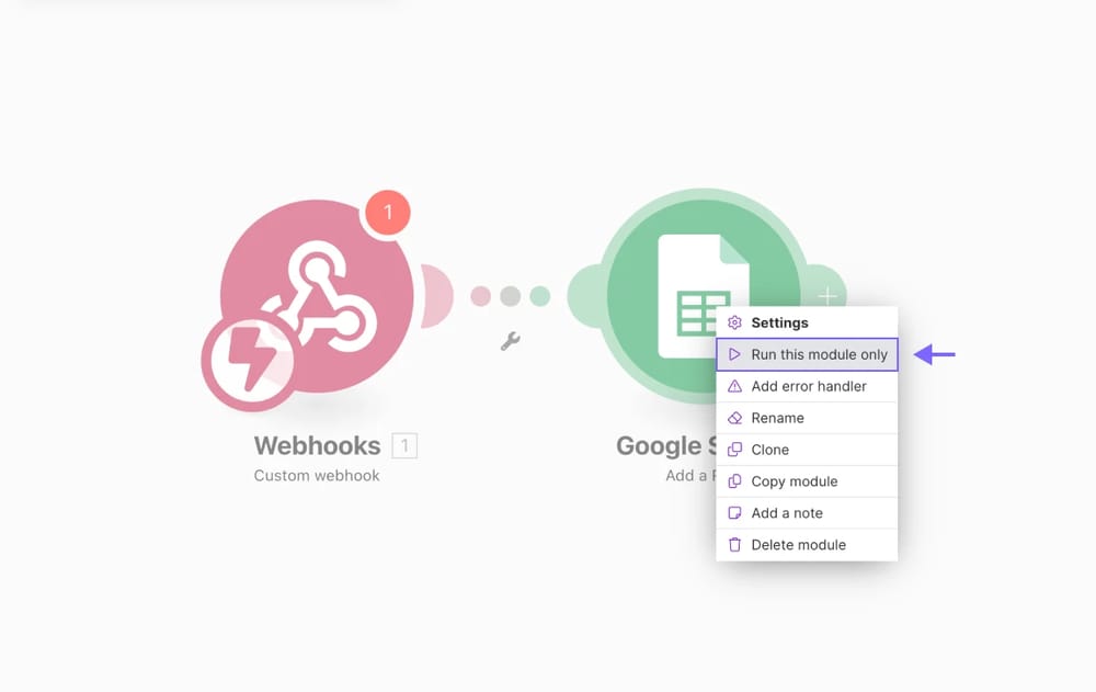 An image showing the “Run this module only” button, which allows you to test your module