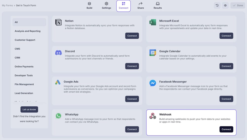 An image showing the “Webhook” option from the integration options in the “Connect” section