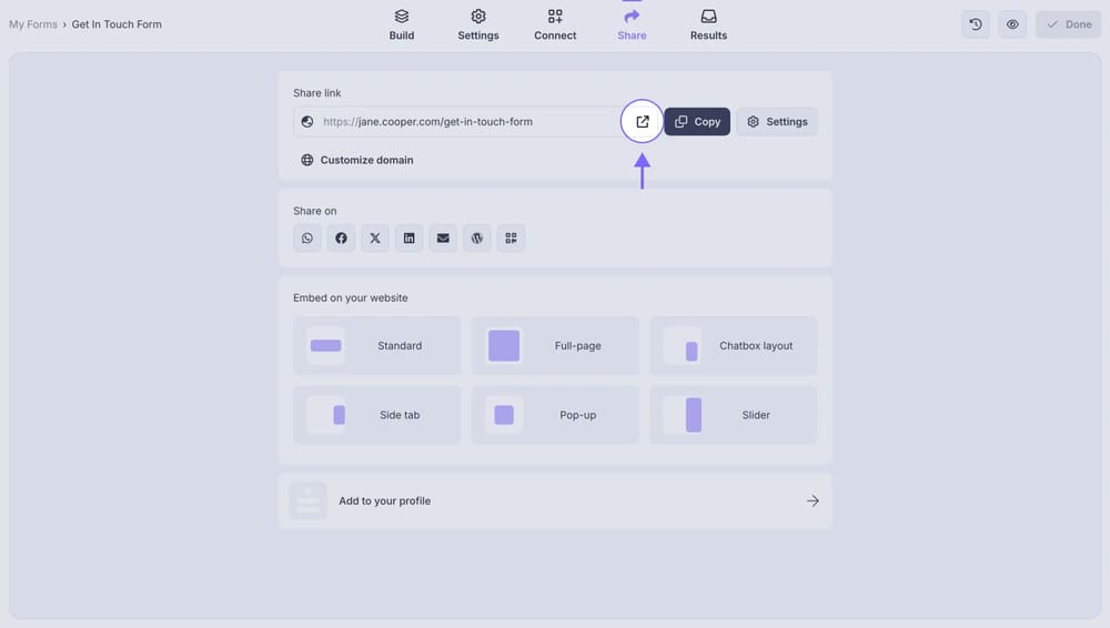 An image showing the forms.app “Share” section, where you can find your form URL and open your form directly