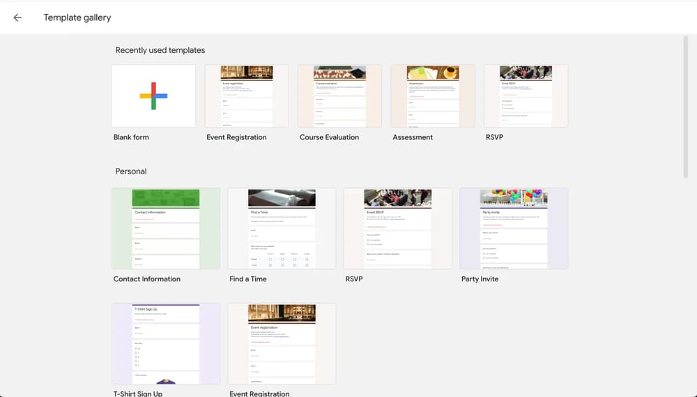 Choosing a form template on Google Forms