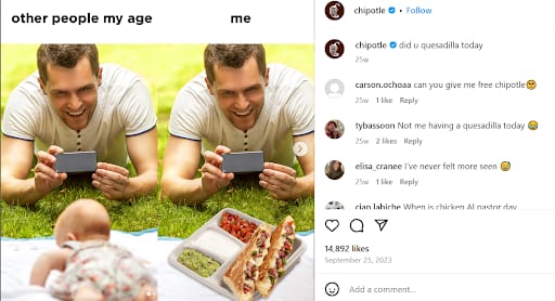 (Chipotle: "did U quesadilla today"&nbsp;2023),&nbsp;Instagram