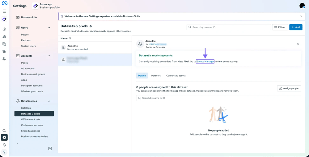 An image showing the “Events Manager” button in the “Datasets &amp; Pixels” tab, where you can open the page to check the status of your pixels