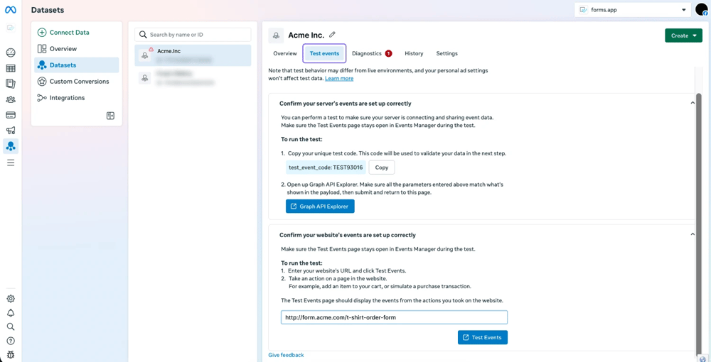 An image showing the “Test event” button that you need to click