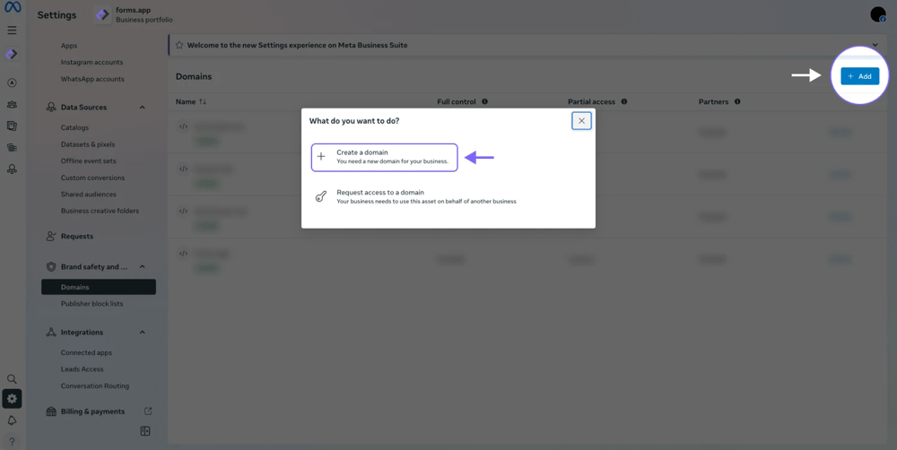 An image showing the “Domains” option, which you need to click, and then press the “Create a domain” button at the top