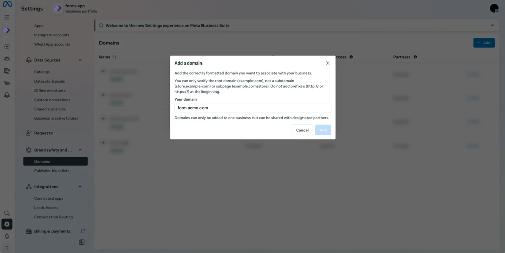 An image showing the pop-up appearing, which allows you to enter the domain name you have registered for your forms on forms.app