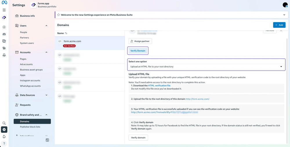 An image showing the dropdown menu under the “Verify domain” area, where you need to select the “Upload an HTML file to your root directory” option