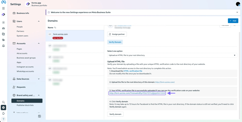 An image showing the location of the “HTML verification file” on the screen appeared, which you must copy for later