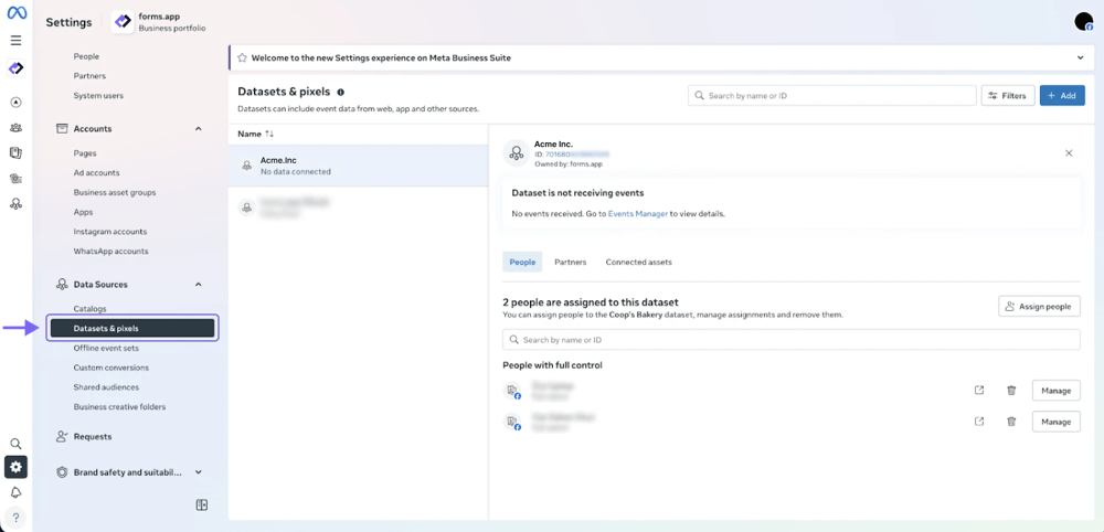 An image showing the “Meta account” interface, where you will find the “Datasets &amp; pixels” option under “Data Sources,” on the left settings menu