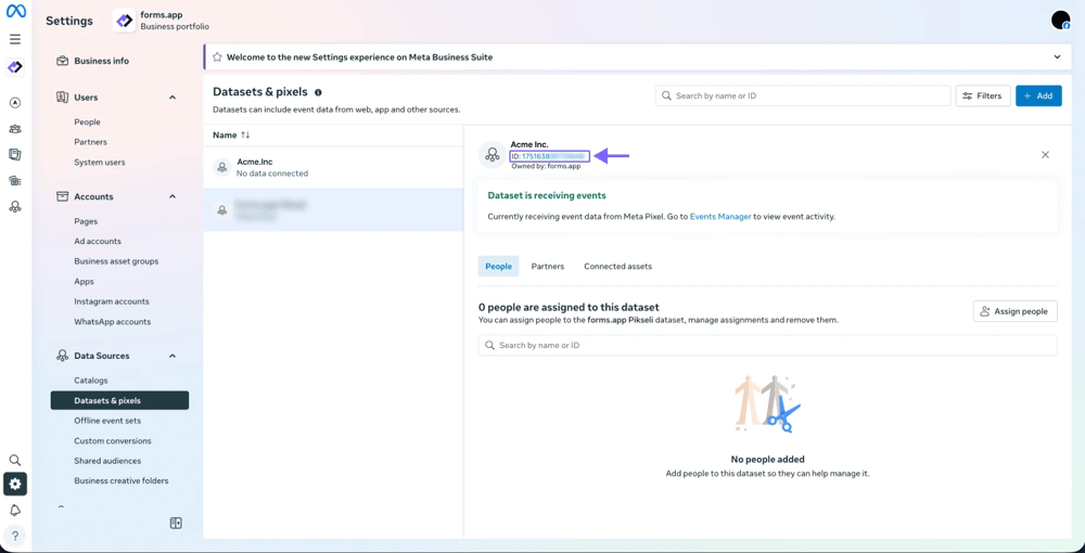An image showing the area on the screen, where you can view your “Pixel ID” and copy it