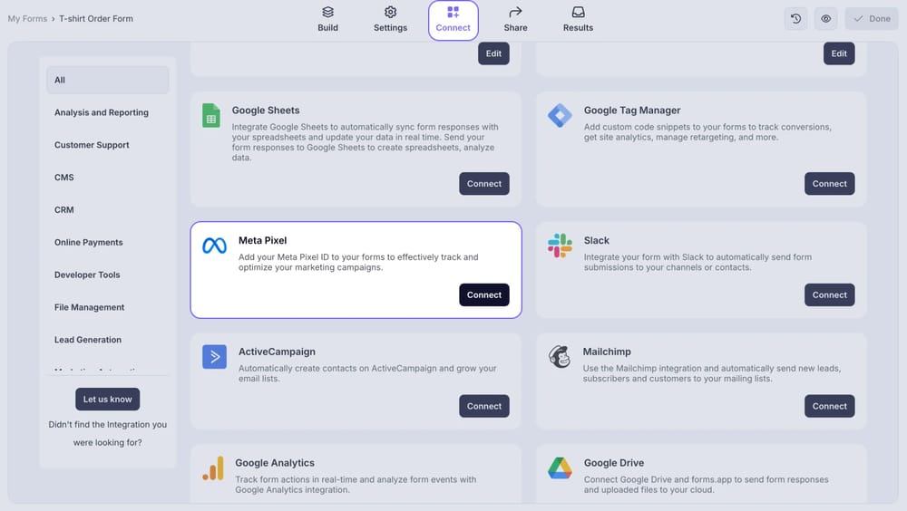 An image showing the “Meta Pixel integration” button, which you can easily find by accessing the “Connect” tab