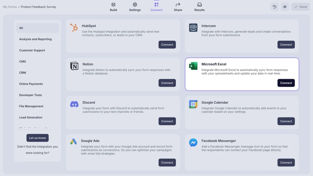 An image showing the “Microsoft Excel integration” button, which you can easily find by accessing the “Connect” tab