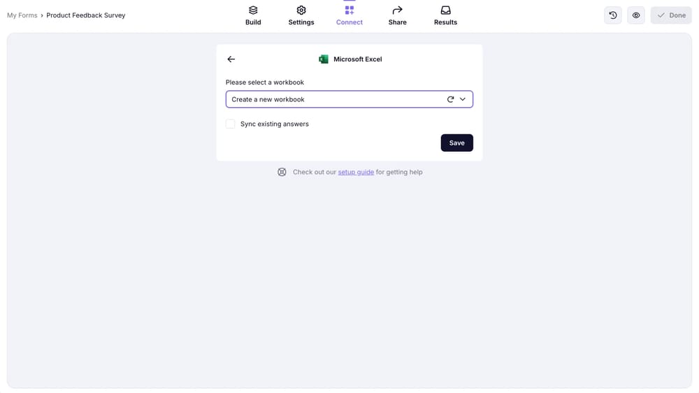 An image showing the “Create a new workbook” option, which you can keep or select an existing workbook for your future responses