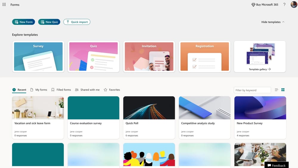Workspace of MS Forms