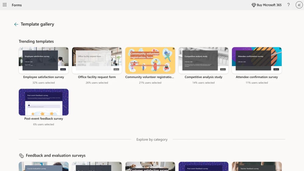 Galeria de modelos de MS Forms