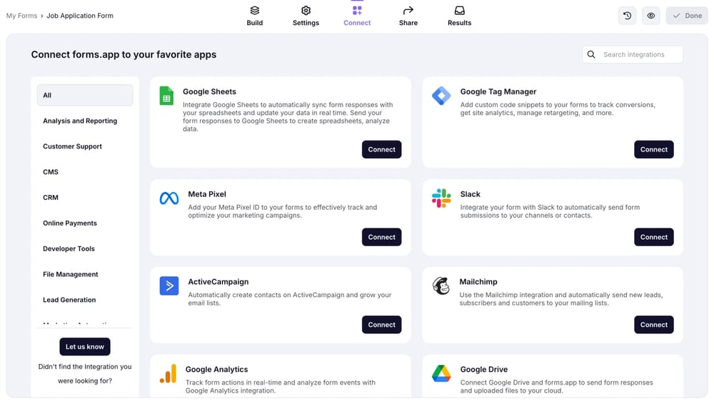 Conecte seu formulário a outros aplicativos