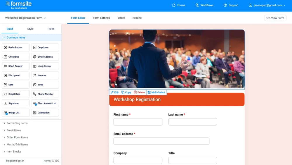 Workspace of Formsite