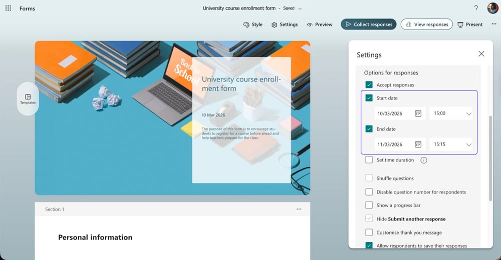 Establecer fechas de inicio y finalización