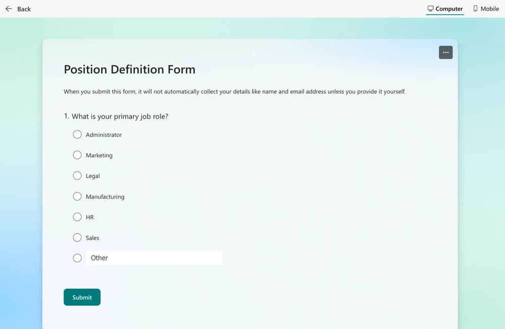 Um exemplo de pergunta de seleção única no MS Forms