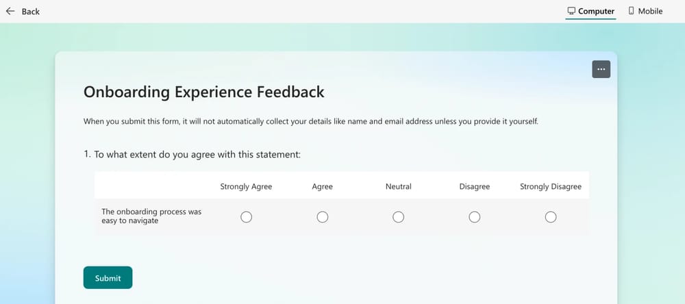 Um exemplo de pergunta de Escala Likert no MS Forms