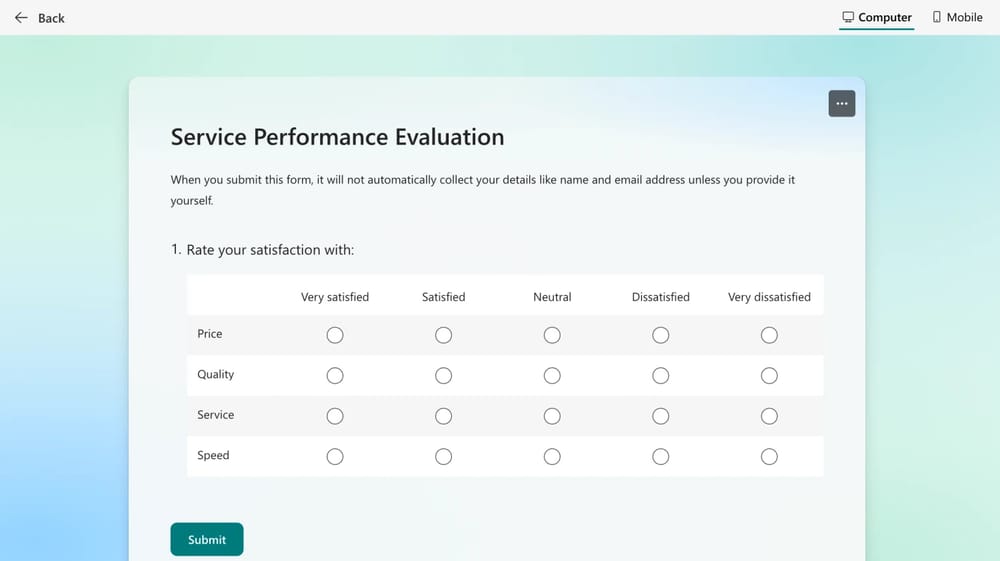 Um exemplo de pergunta de matriz no MS Forms