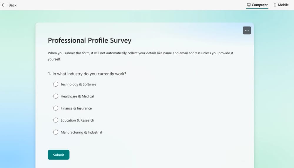 Um exemplo de pergunta demográfica no MS Forms