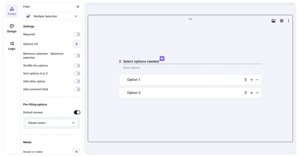 An image showing the settings you can adjust within the “Multiple Selection” field by pressing the “Gear” icon on the field