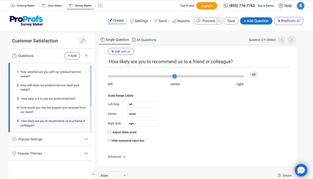 Workspace of ProProfs Survey Maker