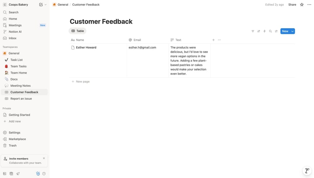 An image showing the Notion platform’s table with received form response data