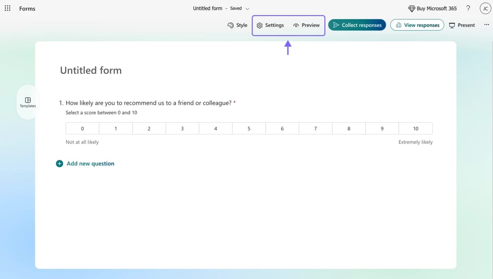 Greifen Sie auf die Formulareinstellungen und den Vorschau-Modus zu, indem Sie die entsprechenden Schaltflächen drücken