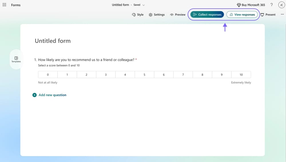 Klicken Sie auf die Schaltfläche „Antworten sammeln“, um auf die Freigabeeinstellungen zuzugreifen, und auf die Schaltfläche „Antworten anzeigen“, um Ihre Formularübermittlungen zu überprüfen