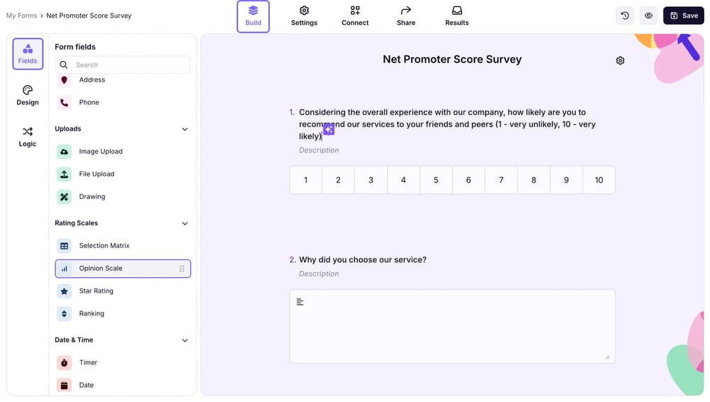Klicken Sie auf das Feld „Meinungsskala“, um es Ihrem Formular hinzuzufügen