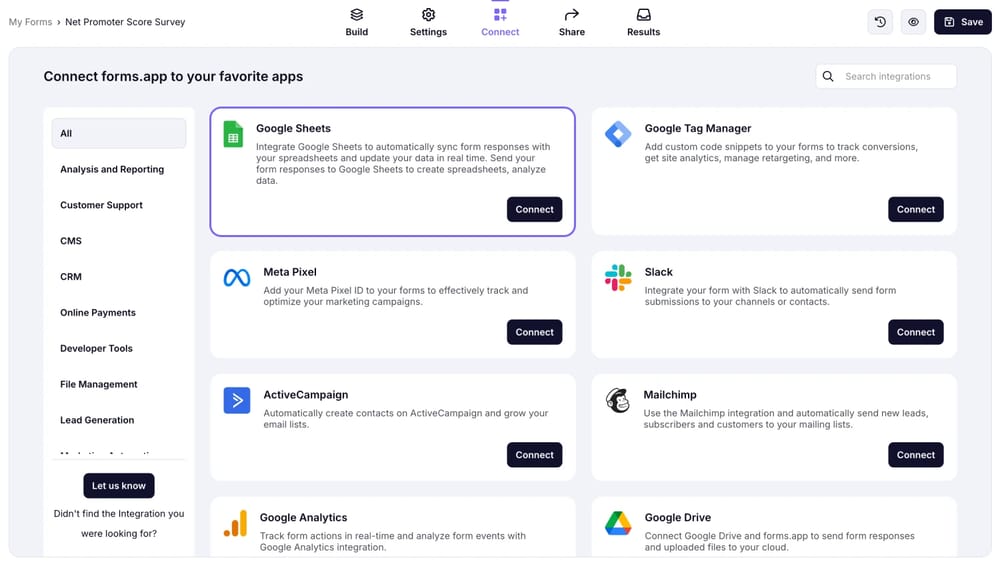 Drücken Sie die Schaltfläche „Verbinden“, um auf den Integrations-Tab zuzugreifen