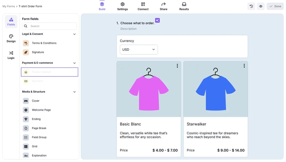 forms.app'te bir sipariş formuna ürün sepeti alanı ekleme