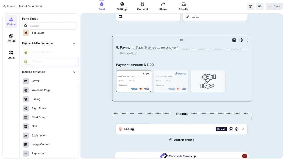forms.app'te bir sipariş formuna ödeme alanı ekleme