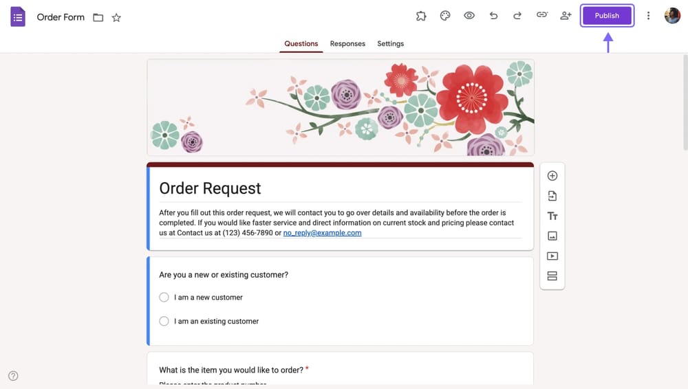 Google Forms sipariş formundaki paylaş düğmesi