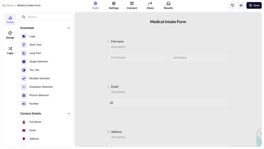 An image showing the “Build” section of the form with some added fields