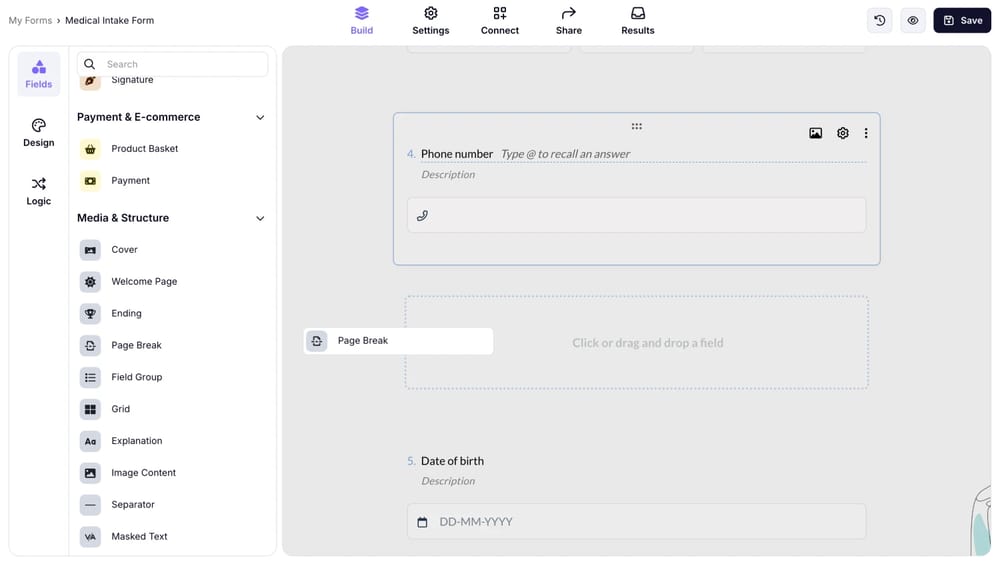 An image showing how you can find and drag&drop the “Page Break” field to your form