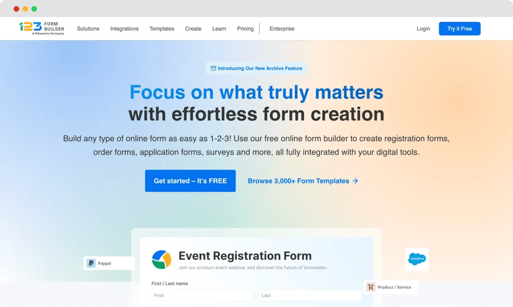A página inicial do 123FormBuilder