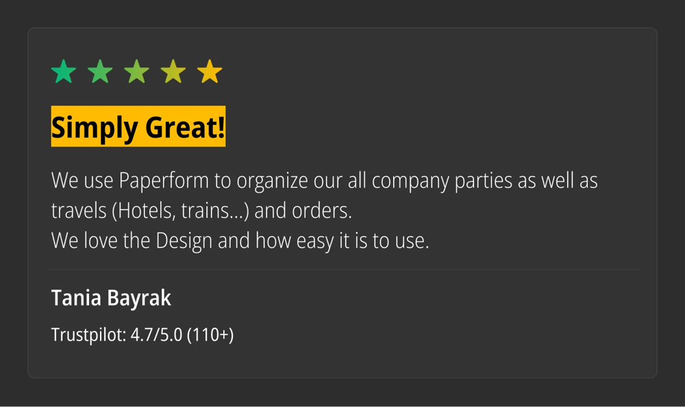 Uma avaliação do Paperform do Trustpilot