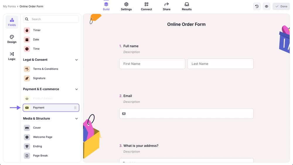 An image showing the field menu in the “Build” section, where you can select the “Payment field” option to easily add it to your form