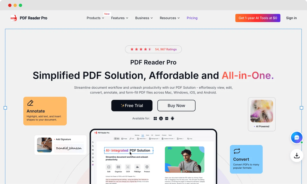 The homepage of PDF Reader Pro