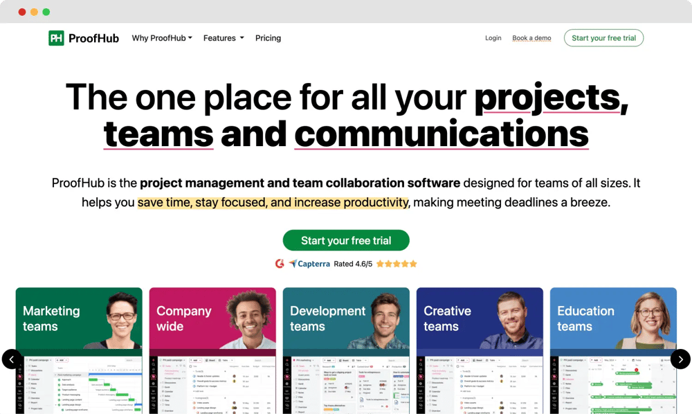 The homepage of ProofHub