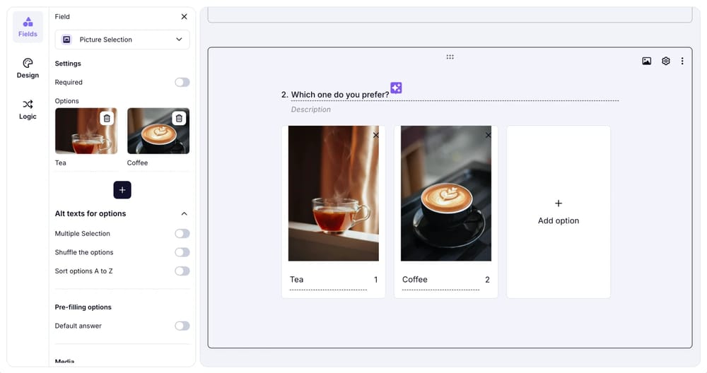 An image showing an example of the added “Picture Selection” field to the form with two different image options