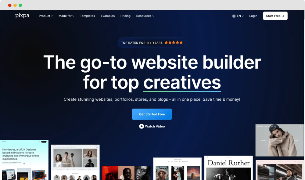 The homepage of Pixpa