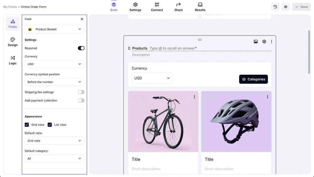 An image showing how the field settings you can adjust within your “Product Basket” field