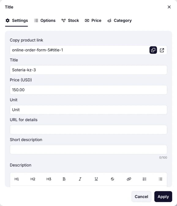 An image showing the area where you will be able to adjust many details of your product by staying in the “Settings” section