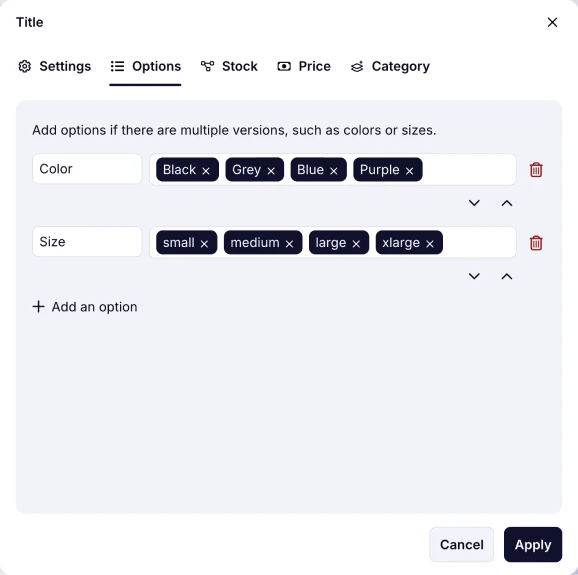 An image showing the “Options” section, where you can add item options needed