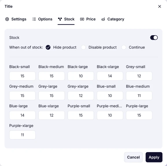 An image showing the “Stock” section, where you can enable stock settings for your products and select the option when out of stock