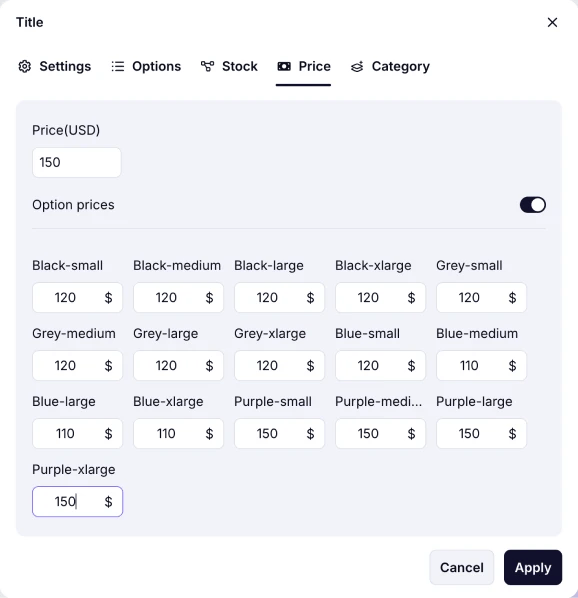 An image showing the “Price” section, where you can set your product’s prices and also add different prices for options if needed