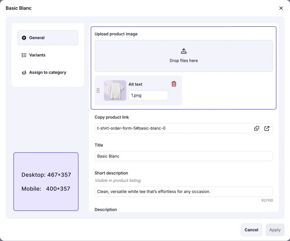 An image showing how to upload a product image and best dimensions for the product image